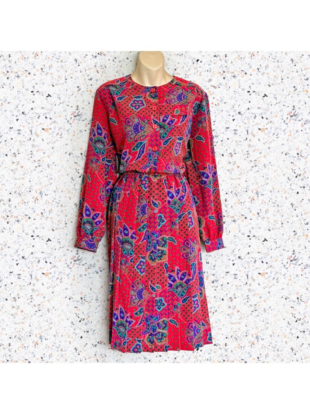 VTG Red & Jewel Tone Paisley Pleated Midi Secretary Dress Dark Academia Sz 10